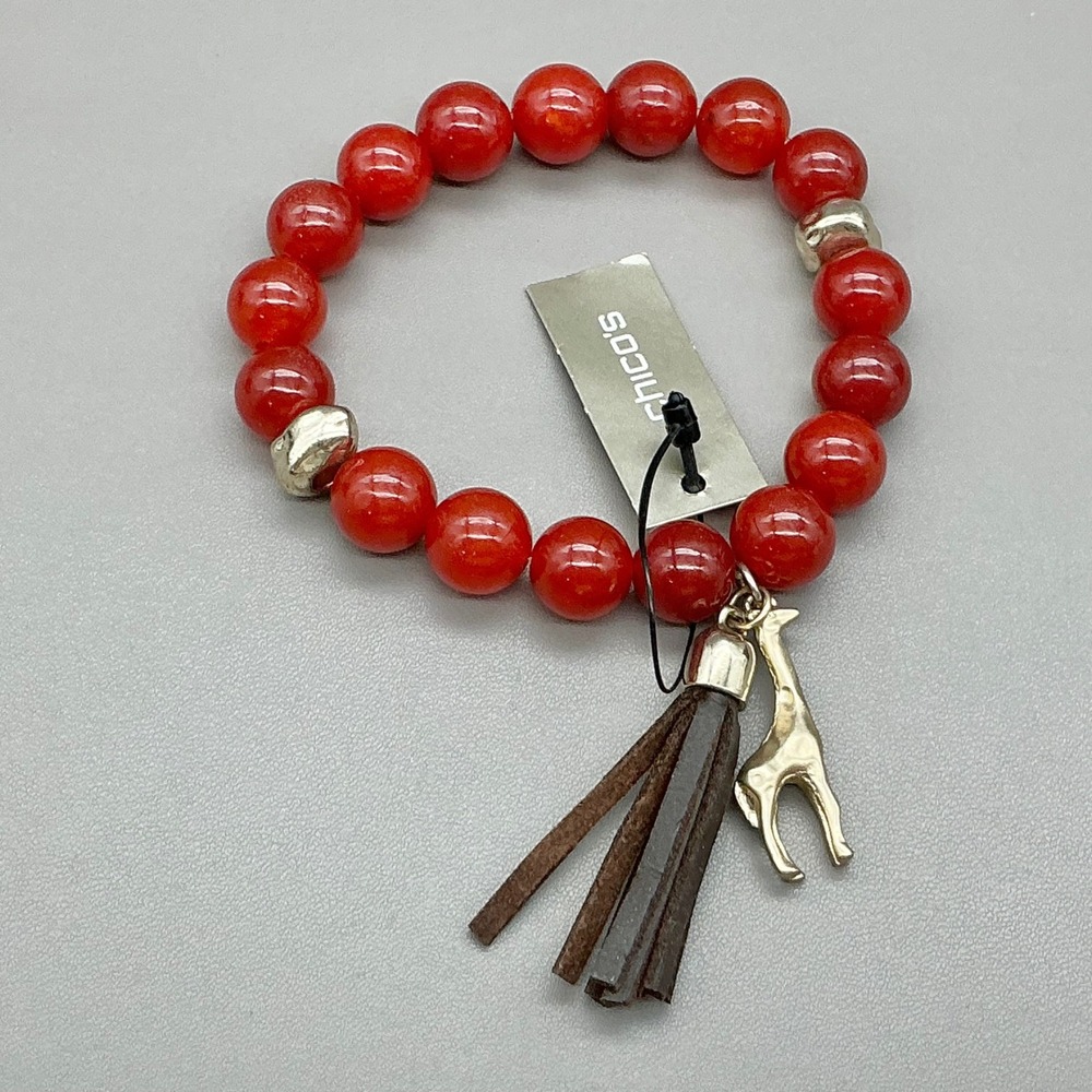 Chico's Bracelet Womens Red Beaded Giraffe Charm Tassel Stretch Jewelry